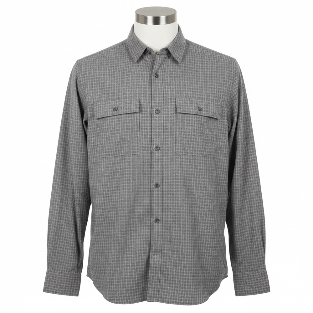 Prana Mens Large Gray Plaid Grid Button Up Shirt Long Sleeve Hiking Tech Travel